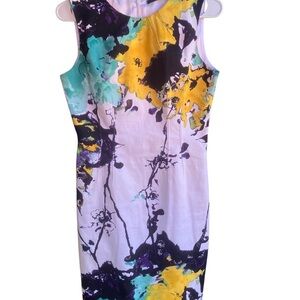 Tahari Blue and Yellow Sheath Midi Dress Scoop Neck Sleeveless Colorblock Size 4